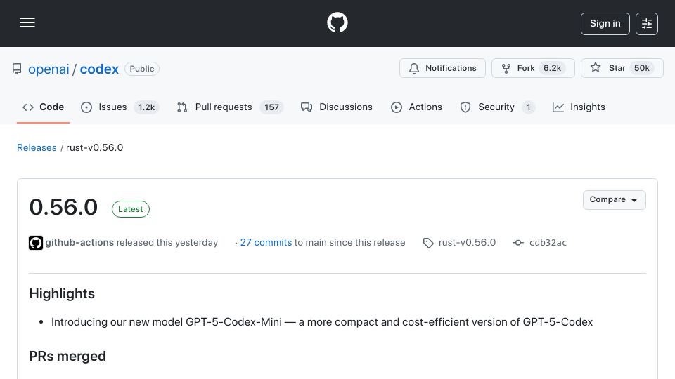 Screenshot of github.com: GPT-5-Codex-Mini – A more compact and cost-efficient version of GPT-5-Codex