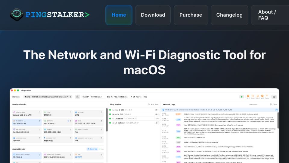 Screenshot of pingstalker.com: Show HN: PingStalker – A macOS tool for network engineers