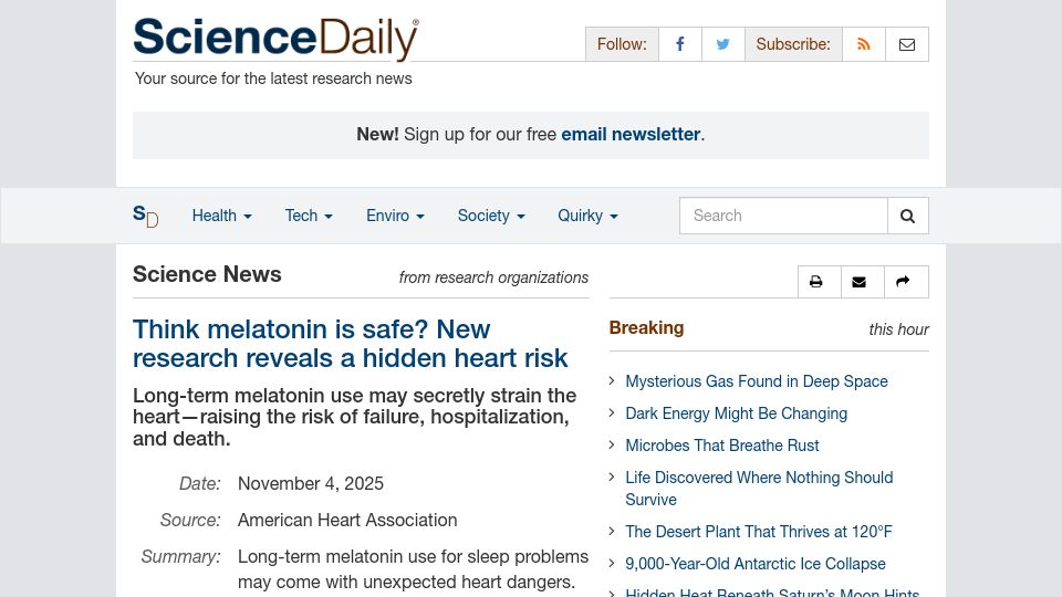 Screenshot of sciencedaily.com: American Heart Association says melatonin may be linked to serious heart risks