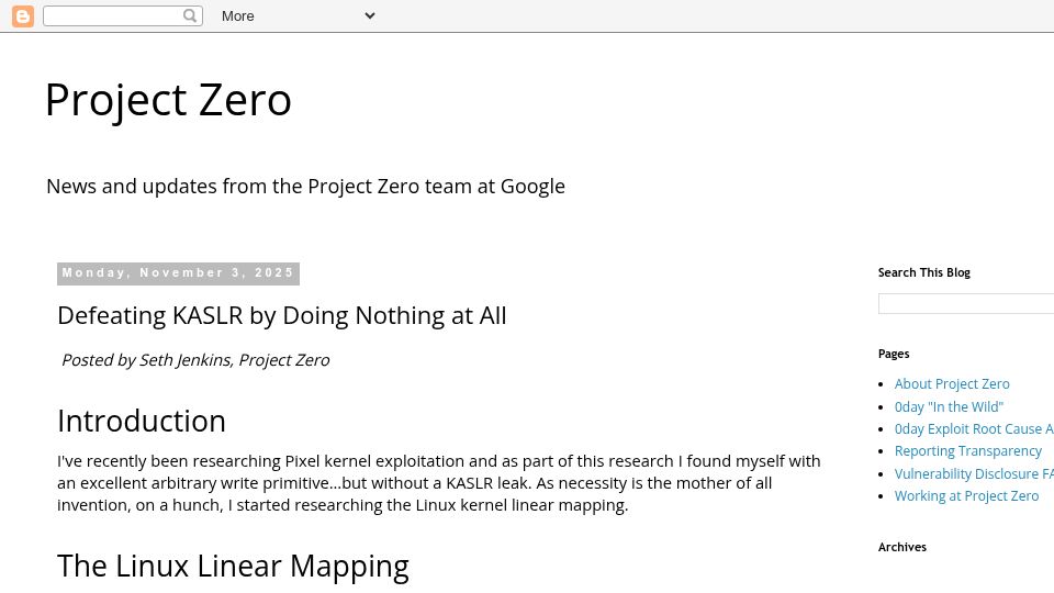 Screenshot of googleprojectzero.blogspot.com: Defeating KASLR by doing nothing at all