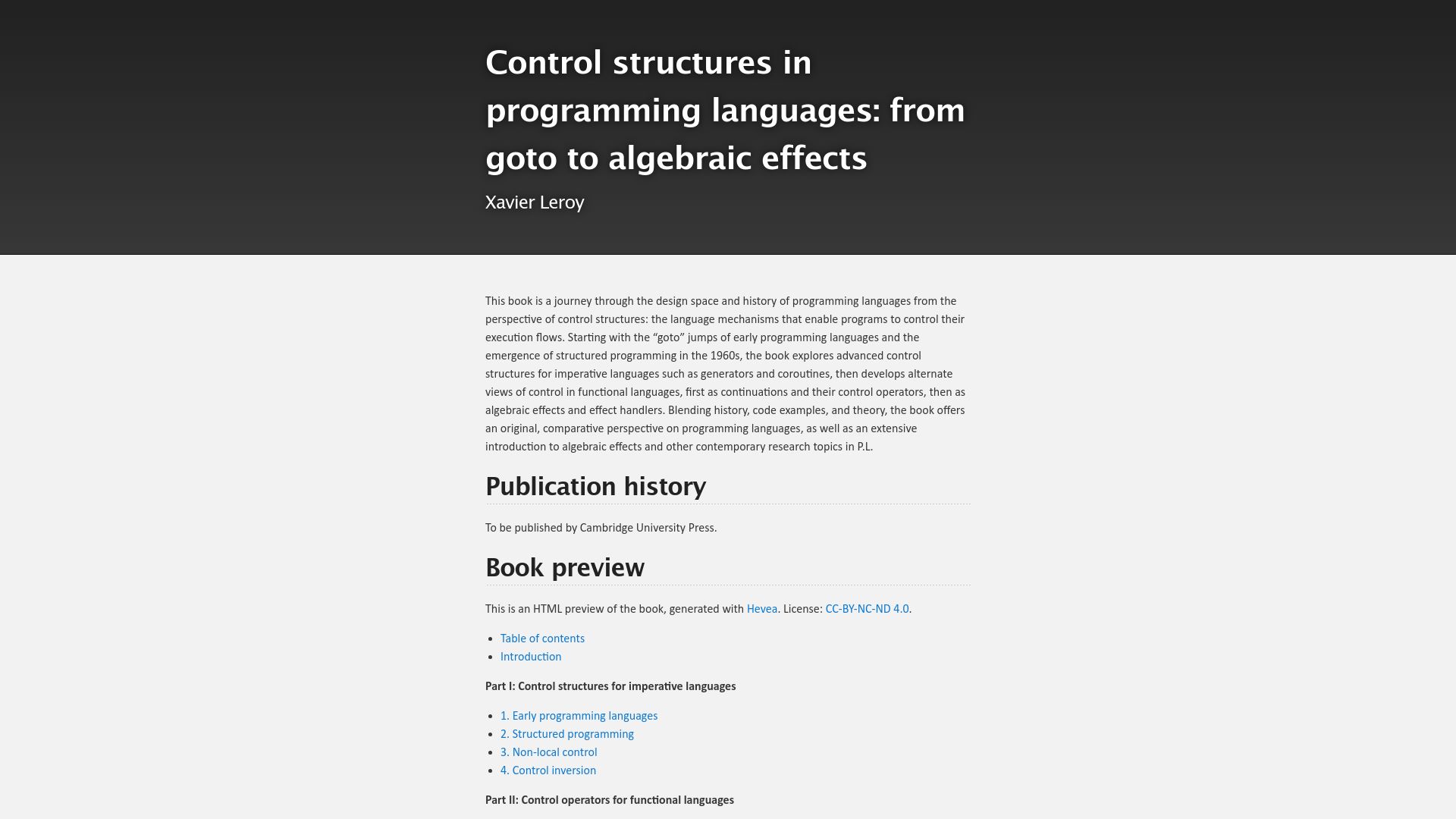 Screenshot of xavierleroy.org: Control structures in programming languages: from goto to algebraic effects