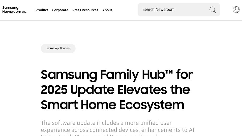 Screenshot of news.samsung.com: Samsung Family Hub for 2025 Update Elevates the Smart Home Ecosystem