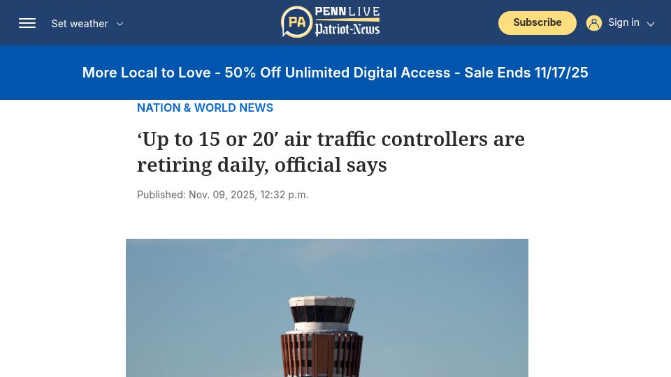 Screenshot of pennlive.com: 'Up to 15 or 20′ air traffic controllers are retiring daily