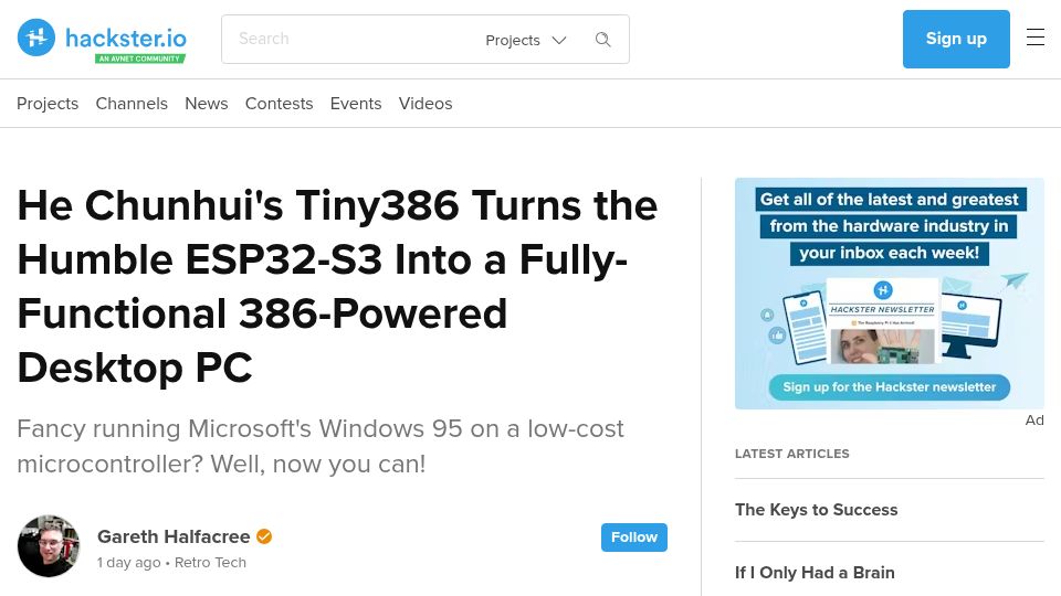 Screenshot of hackster.io: He Chunhui's Tiny386 Turns an ESP32-S3 into a Fully-Functional 386-Powered PC