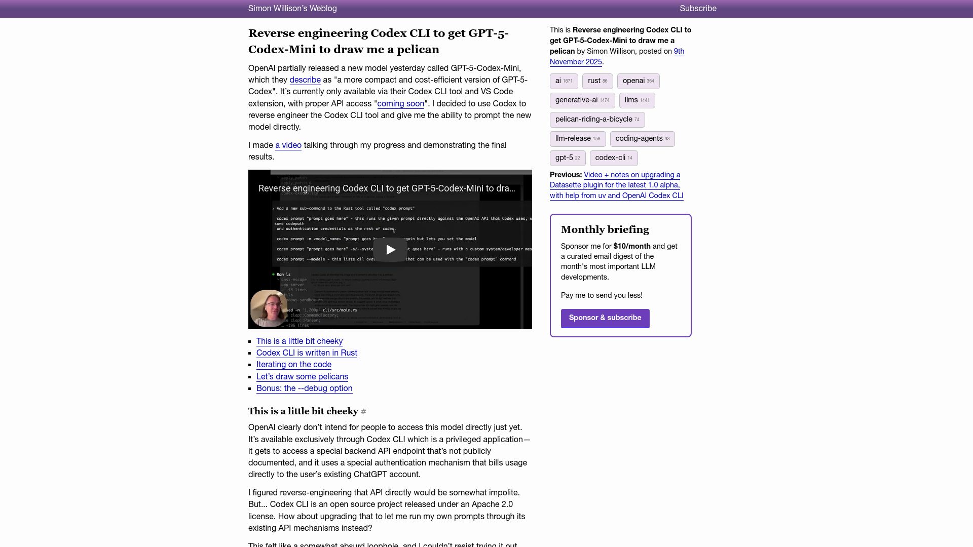 Screenshot of simonwillison.net: Reverse engineering Codex CLI to get GPT-5-Codex-Mini to draw me a pelican