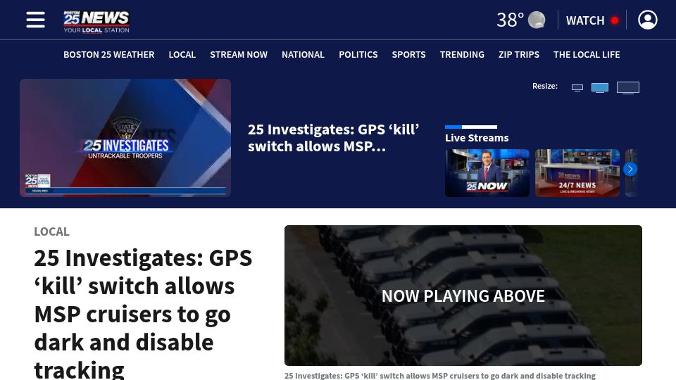 Screenshot of boston25news.com: GPS 'kill' switch allows state police cruisers to go dark and disable tracking