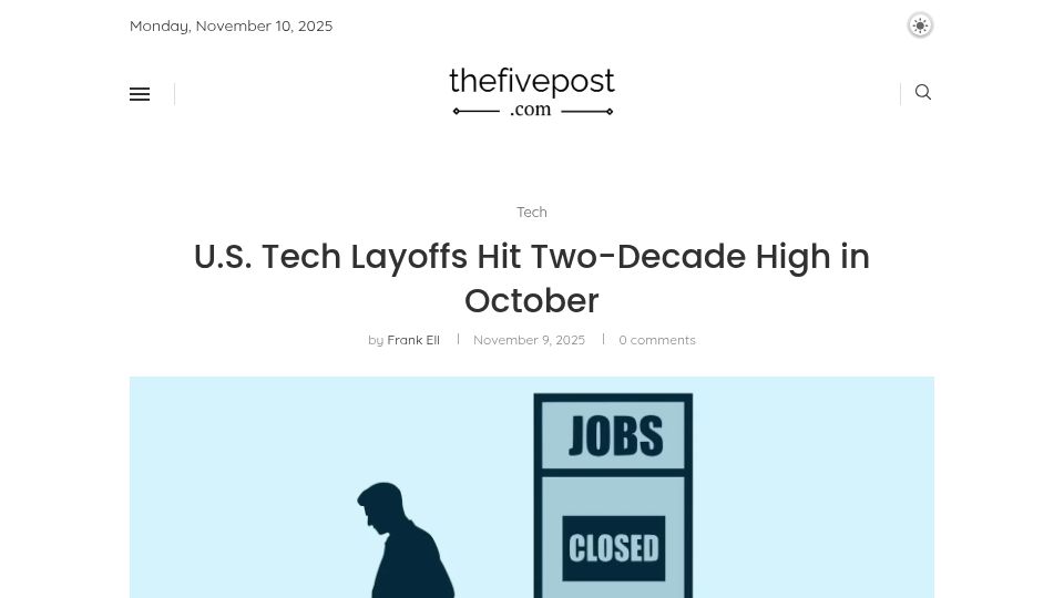Screenshot of thefivepost.com: U.S. Tech Layoffs Hit Two-Decade High in October