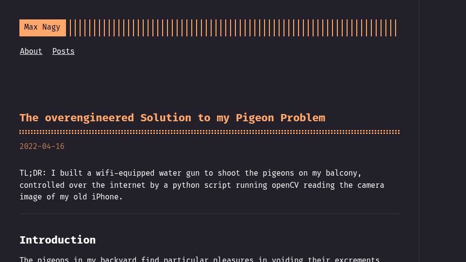 Screenshot of maxnagy.com: The overengineered solution to my pigeon problem (2022)