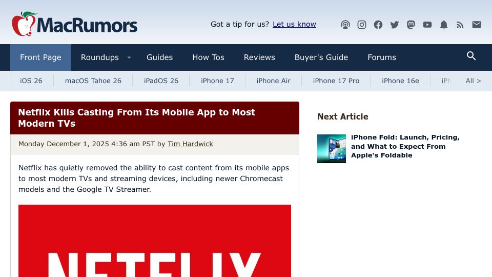 Screenshot of macrumors.com: Netflix Kills Casting from Its Mobile App to Most Modern TVs