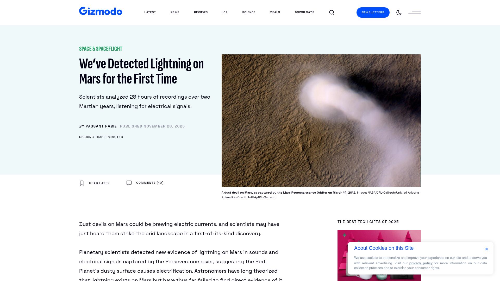 Screenshot of gizmodo.com: Detection of triboelectric discharges during dust events on Mars