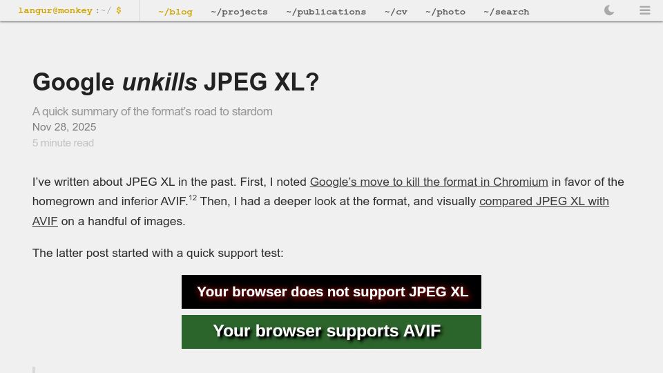 Screenshot of tonisagrista.com: Google unkills JPEG XL?