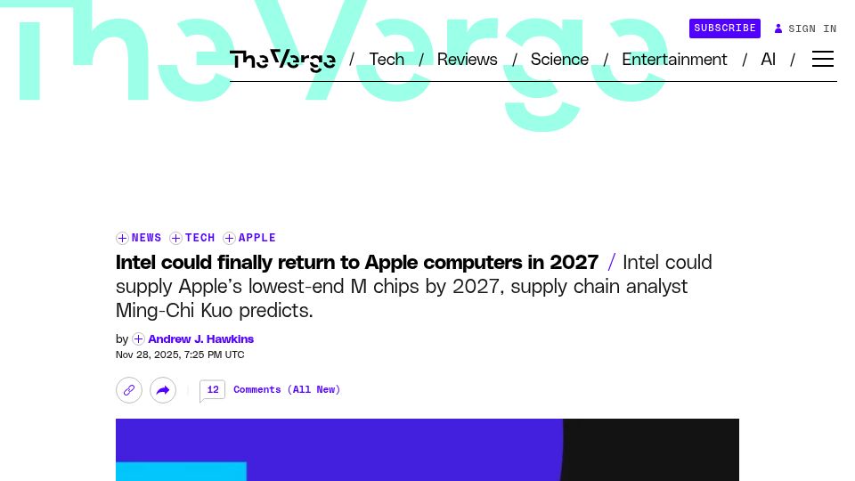 Screenshot of theverge.com: Intel could return to Apple computers in 2027