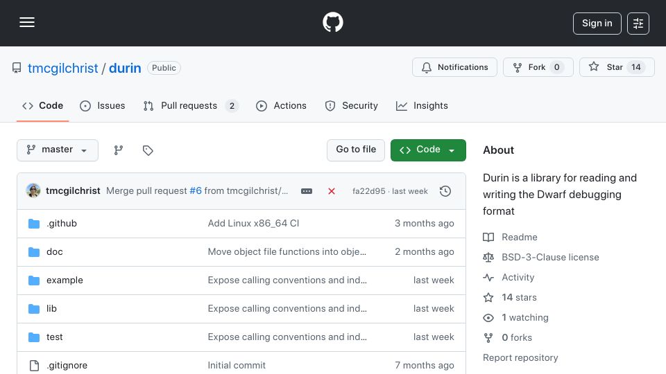 Screenshot of github.com: Durin is a library for reading and writing the Dwarf debugging format