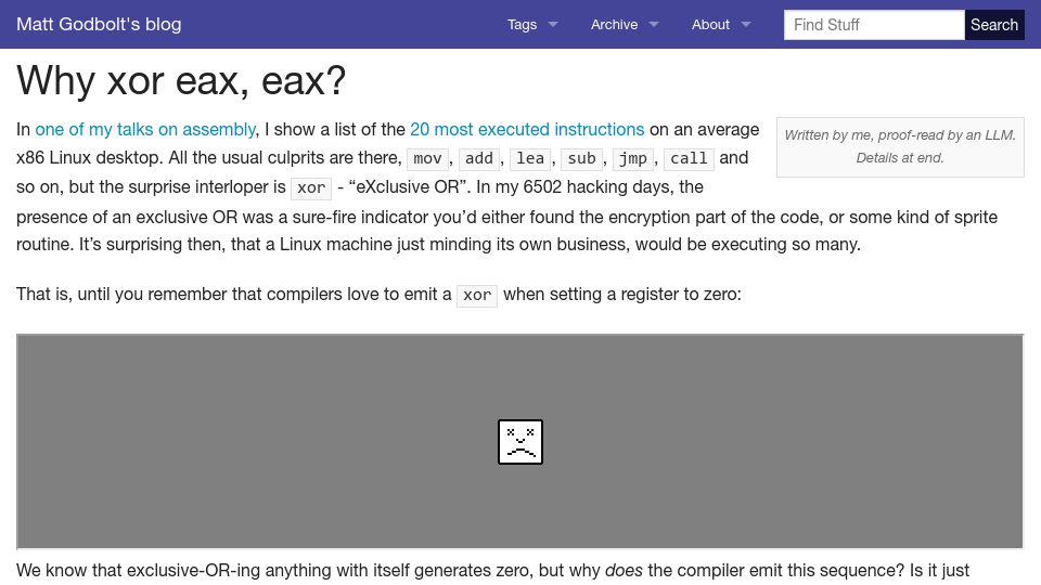 Screenshot of xania.org: Why xor eax, eax?
