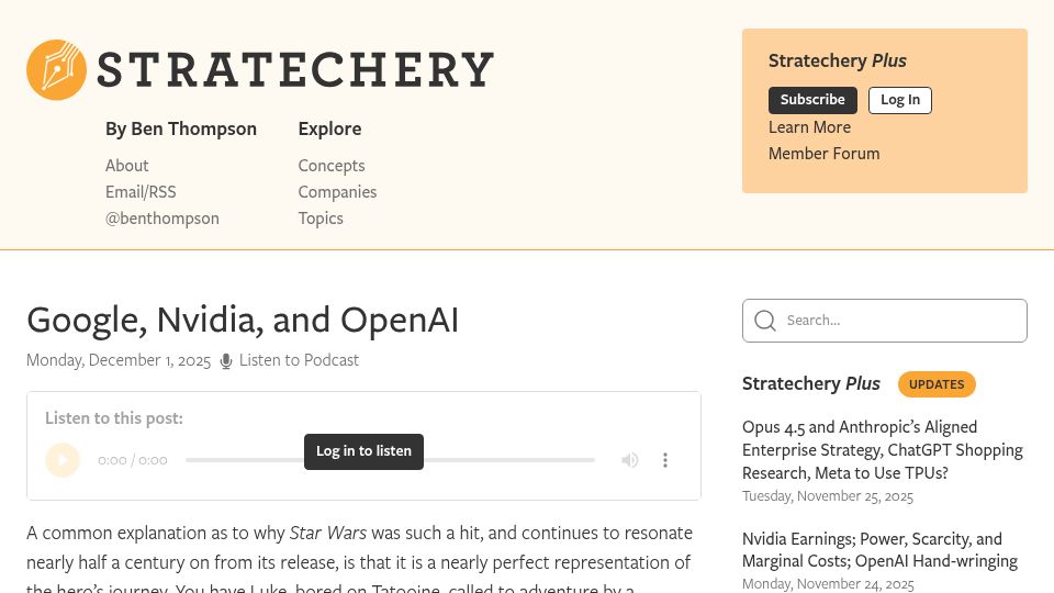Screenshot of stratechery.com: Google, Nvidia, and OpenAI
