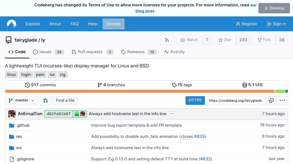 Screenshot of codeberg.org: Ly – A lightweight TUI (ncurses-like) display manager for Linux and BSD