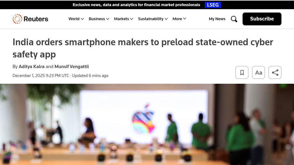 Screenshot of reuters.com: India orders smartphone makers to preload state-owned cyber safety app