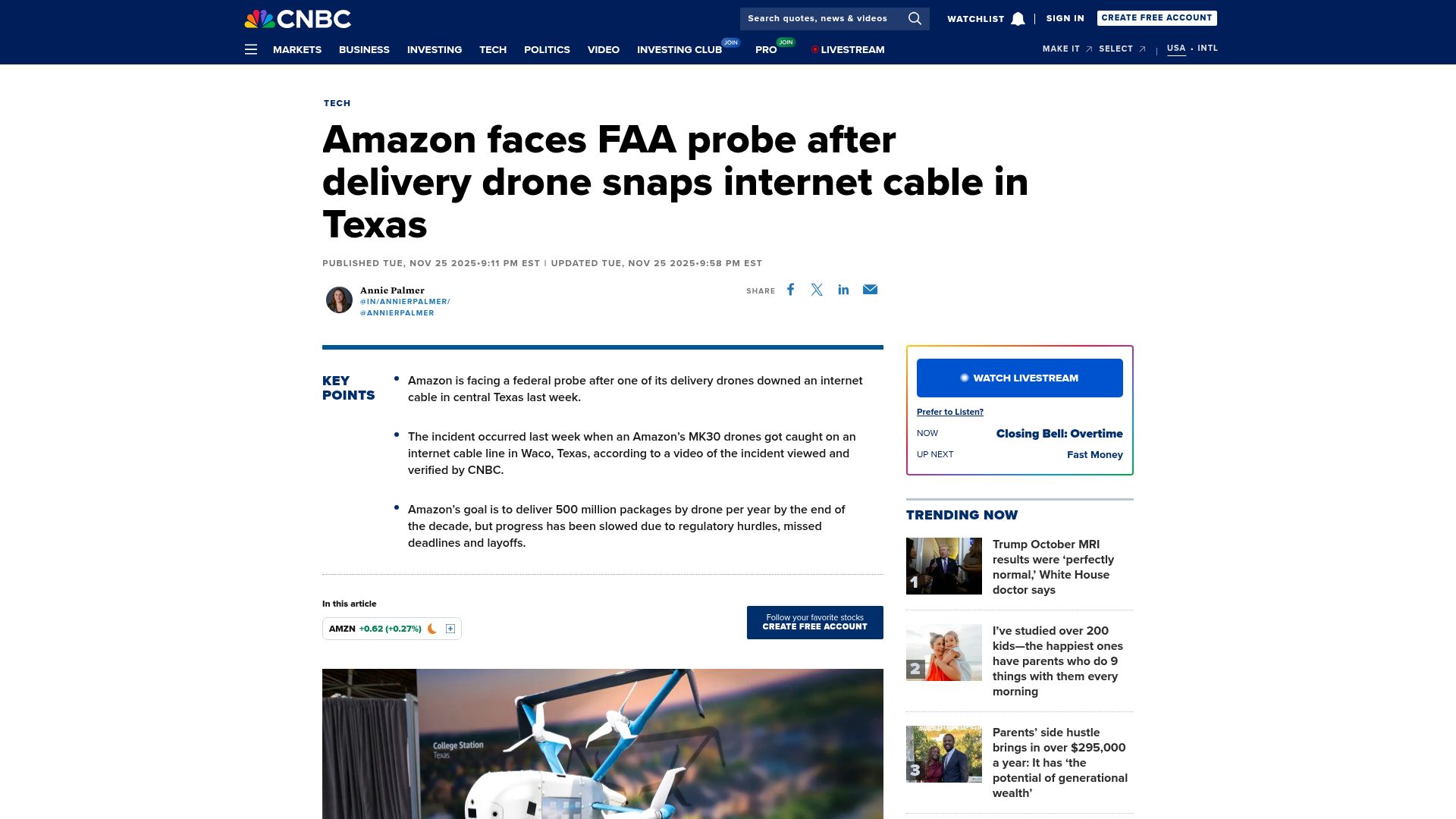 Screenshot of cnbc.com: Amazon faces FAA probe after delivery drone snaps internet cable in Texas