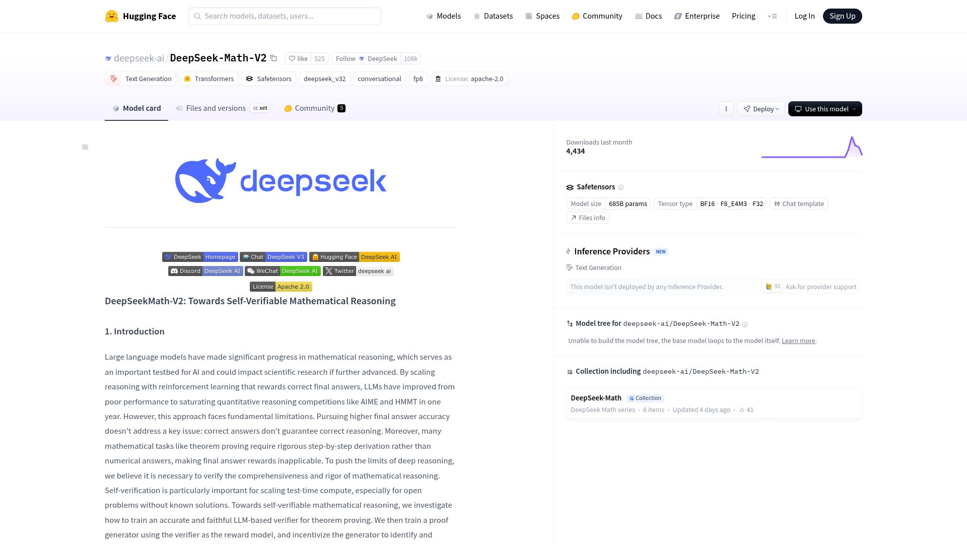 Screenshot of huggingface.co: DeepSeekMath-V2: Towards Self-Verifiable Mathematical Reasoning