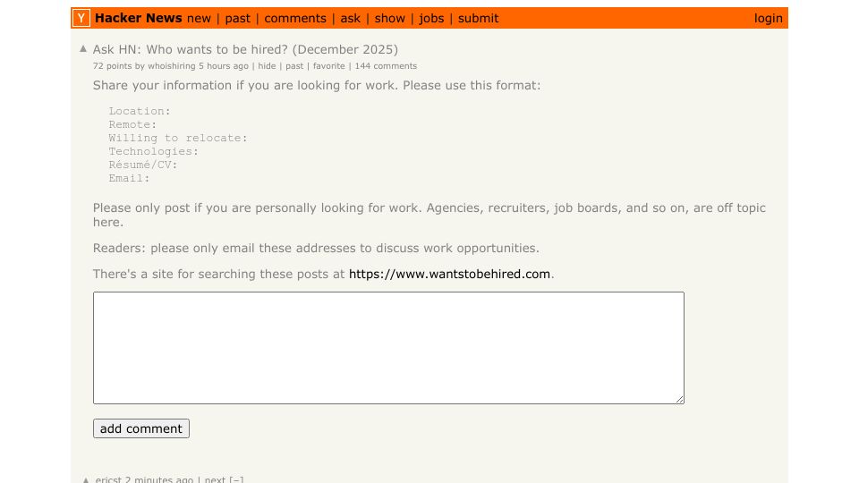 Screenshot of Hacker News post: Ask HN: Who wants to be hired? (December 2025)