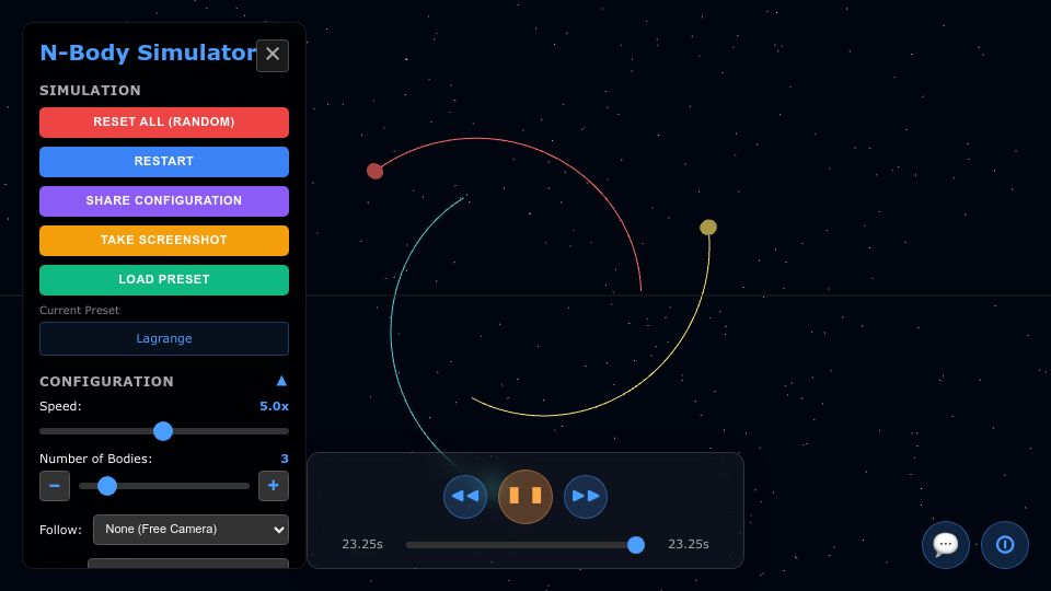 Screenshot of trisolarchaos.com: N-Body Simulator – Interactive 3 Body Problem and Gravitational Physics