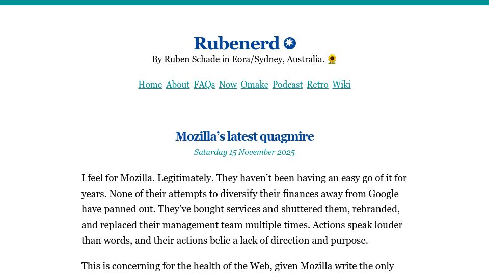 Screenshot of rubenerd.com: Mozilla's latest quagmire