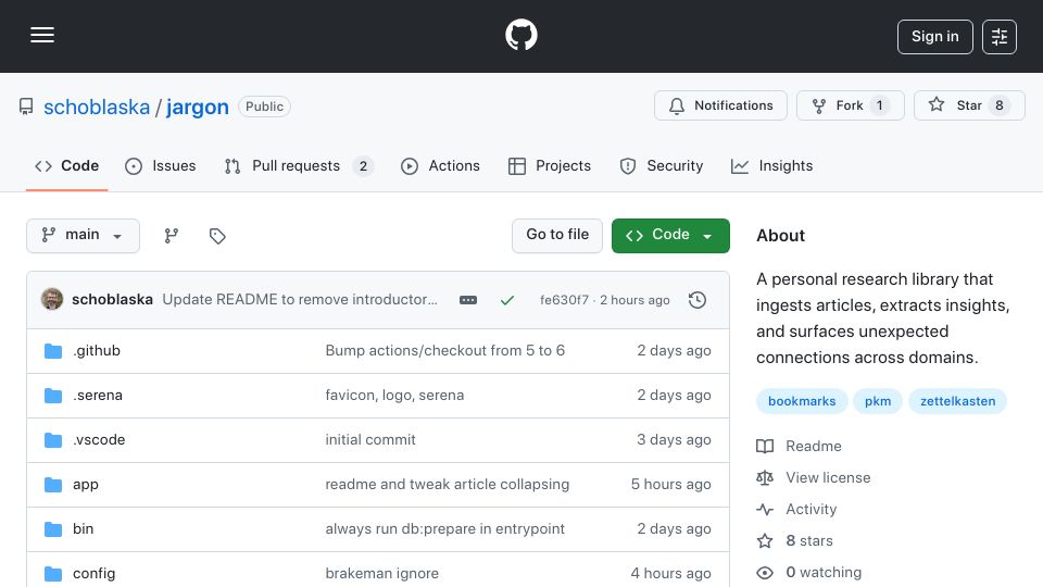 Screenshot of github.com: Show HN: An AI zettelkasten that extracts ideas from articles, videos, and PDFs