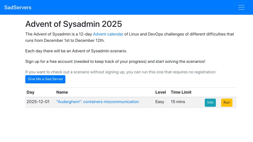 Screenshot of sadservers.com: Advent of Sysadmin 2025