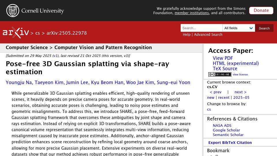 Screenshot of arxiv.org: Pose-free 3D Gaussian splatting via shape-ray estimation