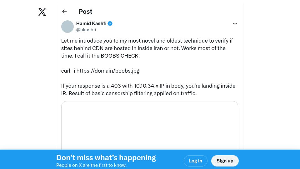 Screenshot of twitter.com: “Boobs check” – Technique to verify if sites behind CDN are hosted in Iran