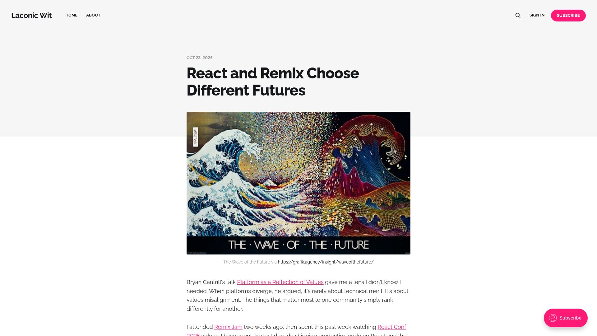 Screenshot of laconicwit.com: React and Remix Choose Different Futures
