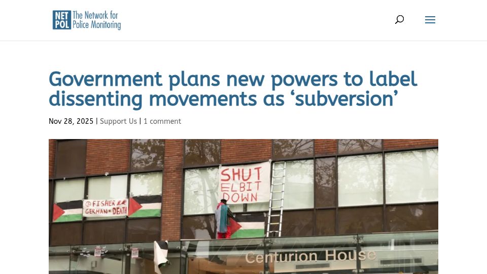 Screenshot of netpol.org: UK Government plans new powers to label dissenting movements as 'subversion'