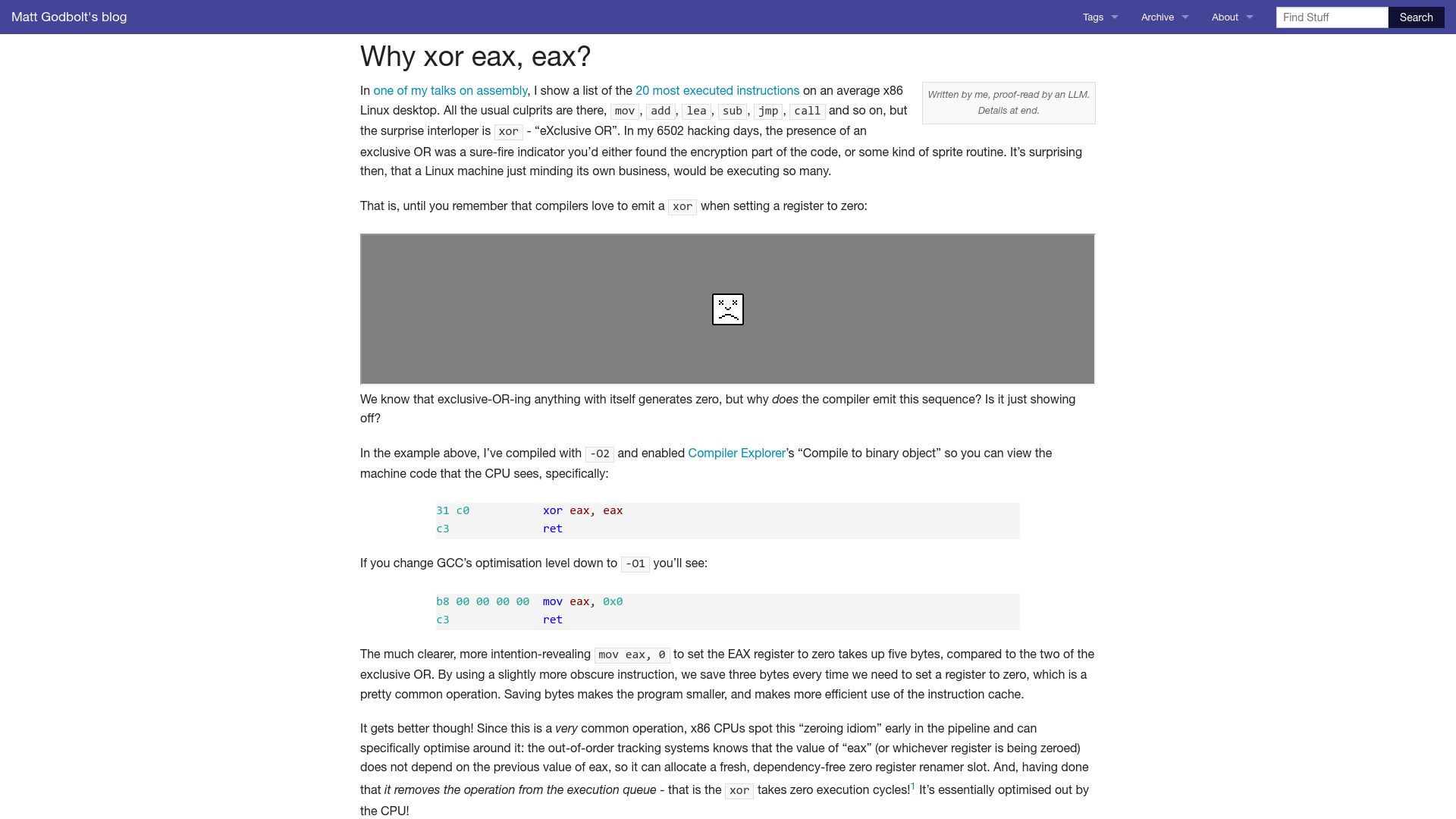 Screenshot of xania.org: Why xor eax, eax?