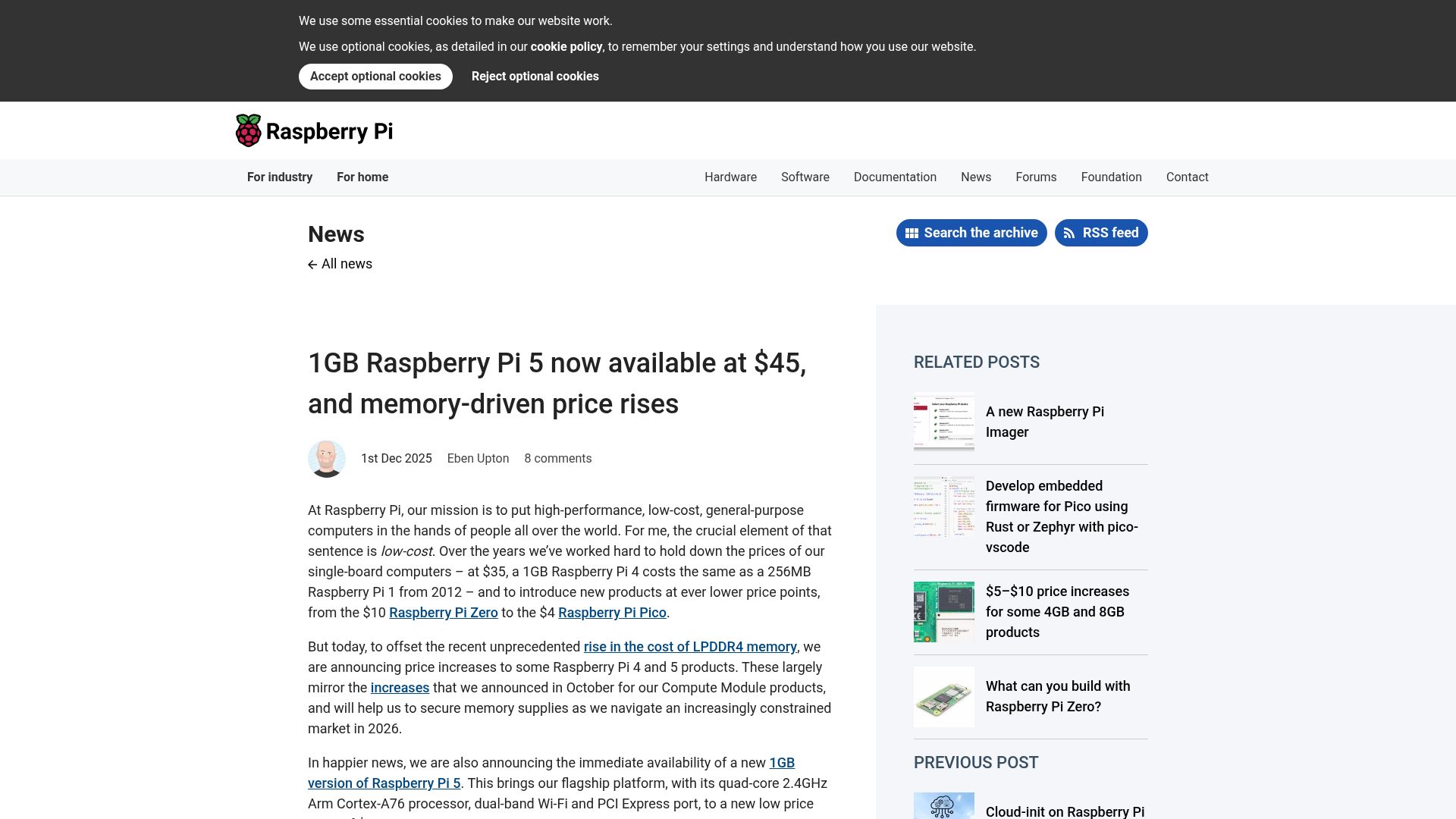 Screenshot of raspberrypi.com: 1GB Raspberry Pi 5, and memory-driven price rises