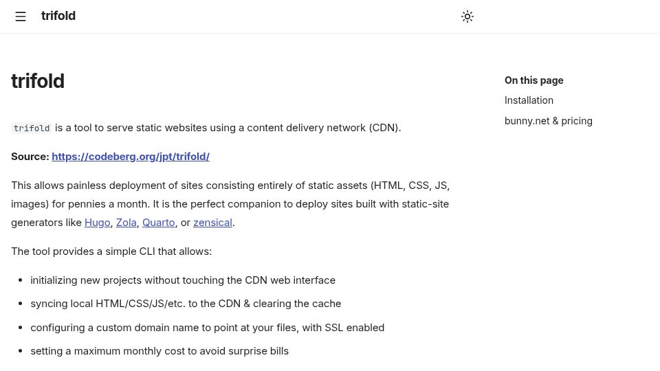 Screenshot of jpt.sh: Trifold is a tool to quickly and cheaply host static websites using a CDN