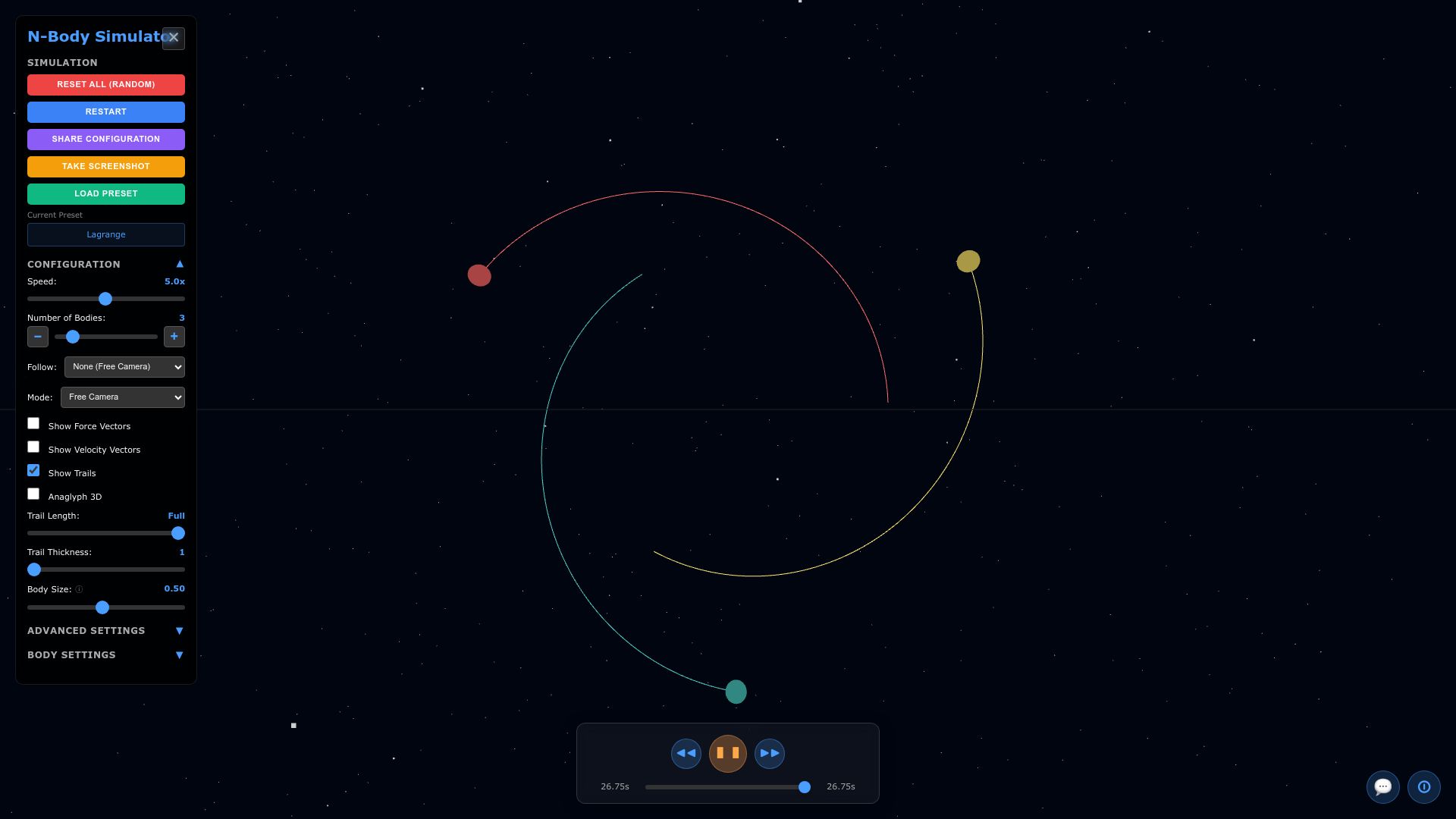 Screenshot of trisolarchaos.com: N-Body Simulator – Interactive 3 Body Problem and Gravitational Physics