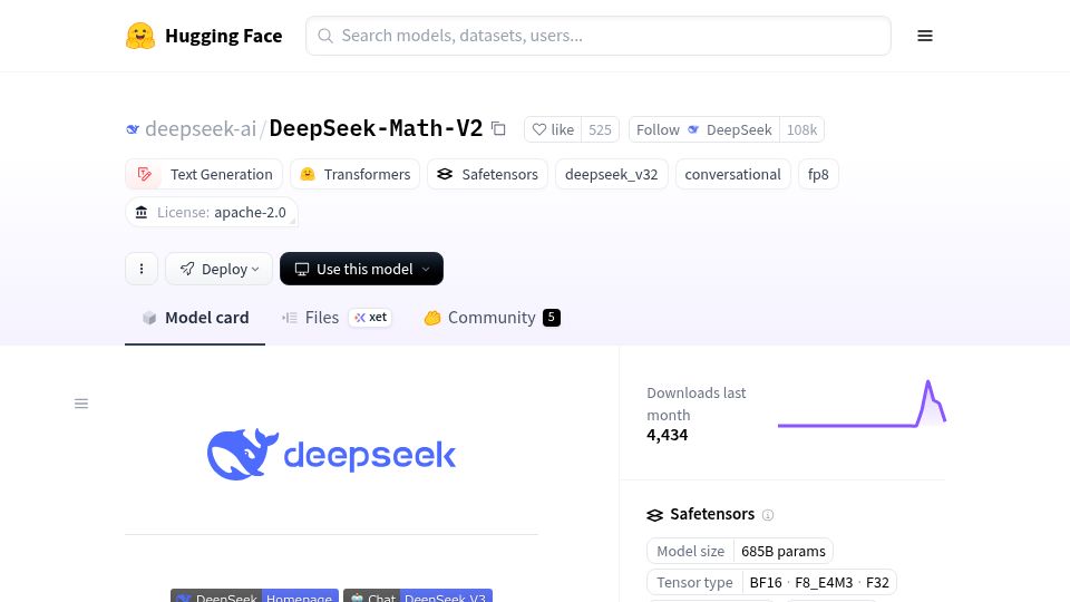 Screenshot of huggingface.co: DeepSeekMath-V2: Towards Self-Verifiable Mathematical Reasoning