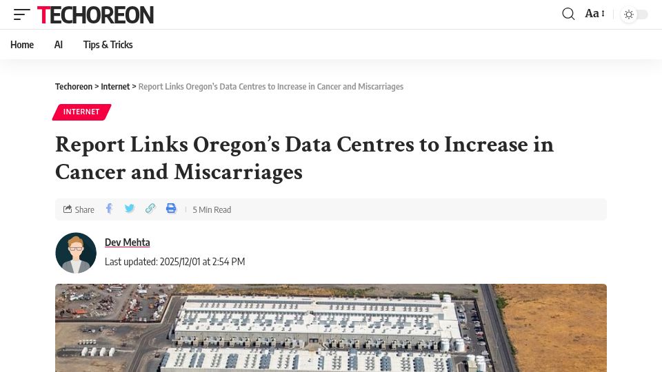 Screenshot of techoreon.com: AWS data centers' water use tied to spike in cancer and miscarriages in Oregon