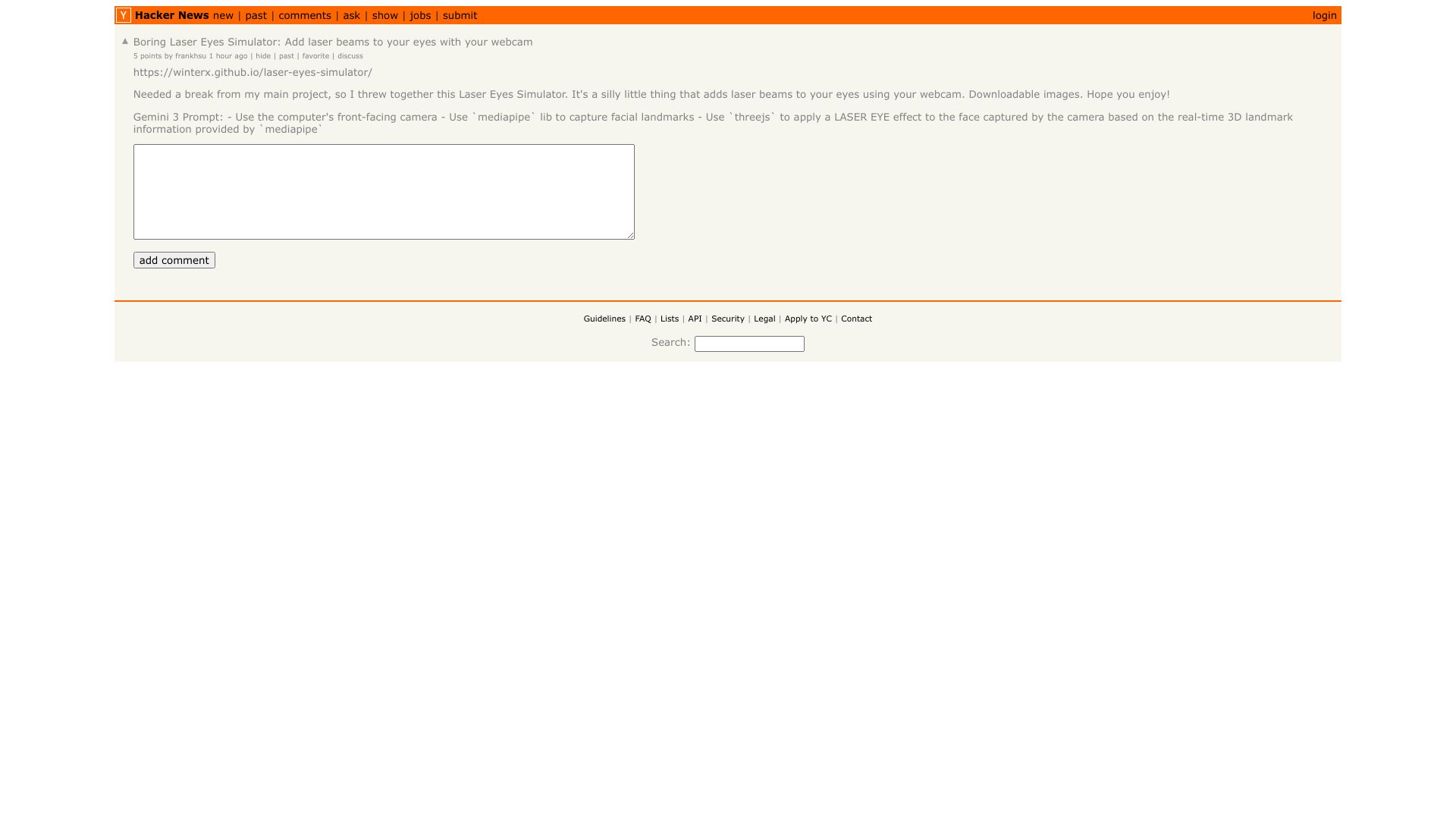 Screenshot of this Hacker News post: Boring Laser Eyes Simulator: Add laser beams to your eyes with your webcam