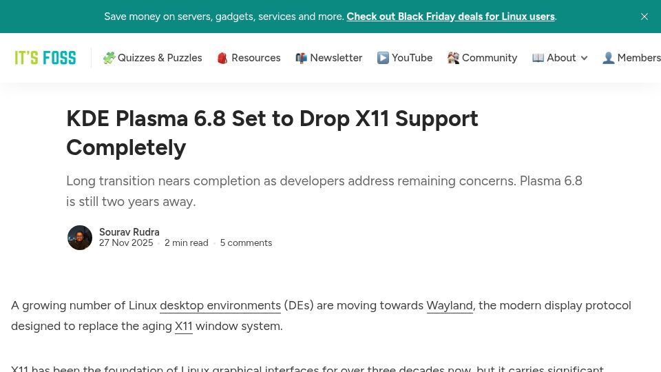 Screenshot of itsfoss.com: KDE Plasma 6.8 Set to Drop X11 Support Completely
