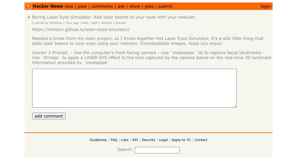 Screenshot of Hacker News post: Boring Laser Eyes Simulator: Add laser beams to your eyes with your webcam