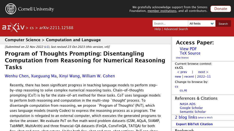 Screenshot of arxiv.org: Program-of-Thought Prompting Outperforms Chain-of-Thought by 15% (2022)