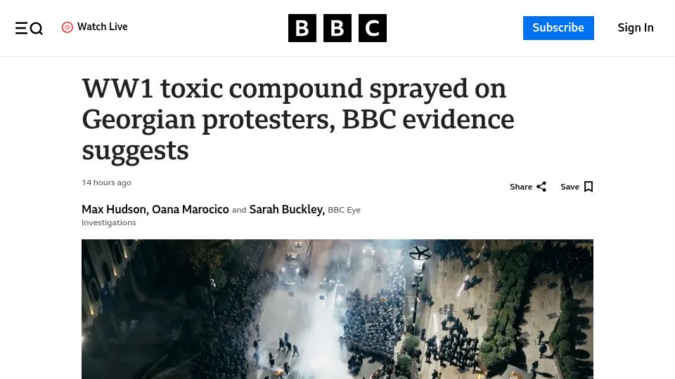 Screenshot of bbc.com: WW1 toxic compound sprayed on Georgian protesters, BBC evidence suggests