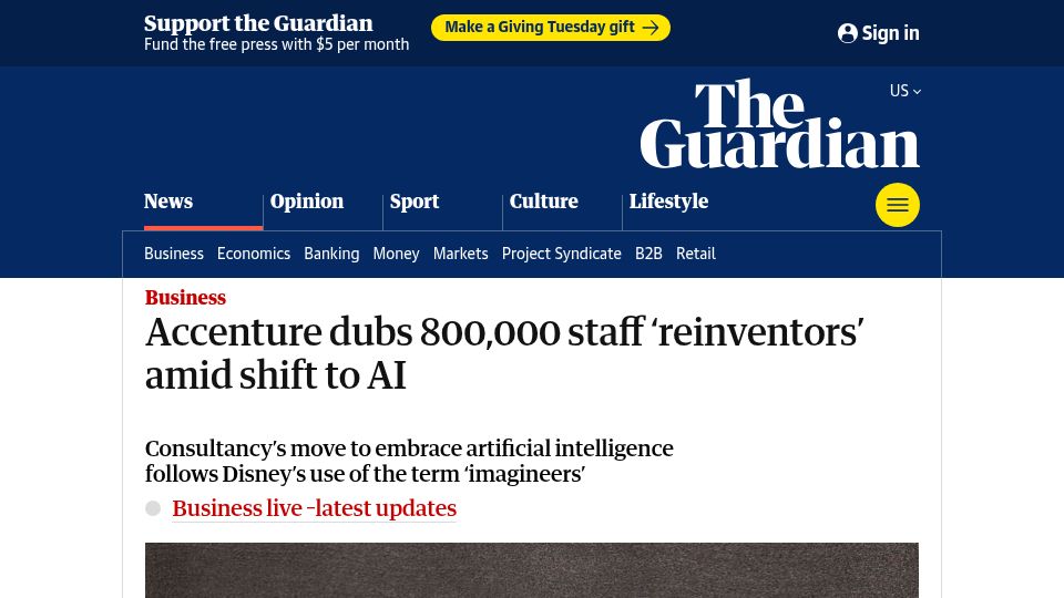 Screenshot of theguardian.com: Accenture dubs 800k staff 'reinventors' amid shift to AI
