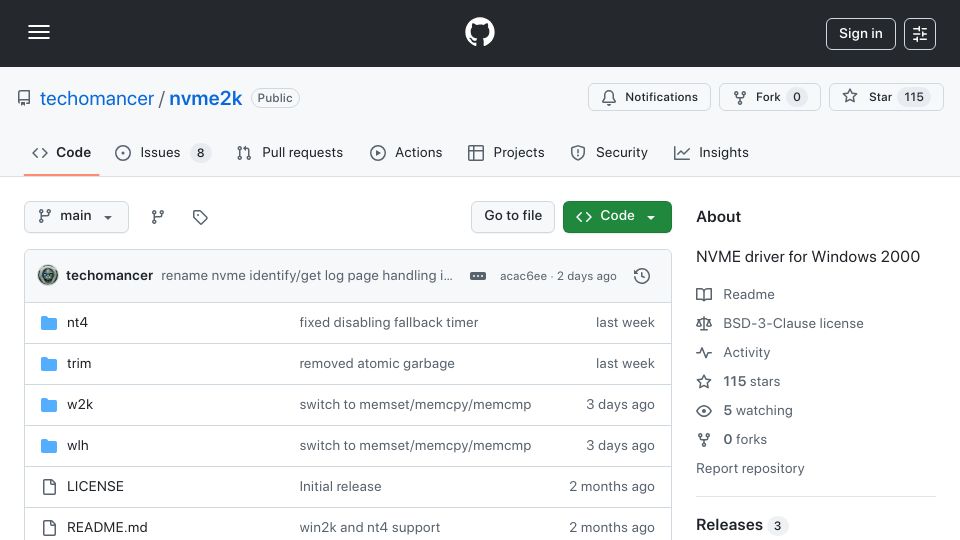 Screenshot of github.com: NVMe driver for Windows 2000, targeting both x86 and Alpha AXP platforms