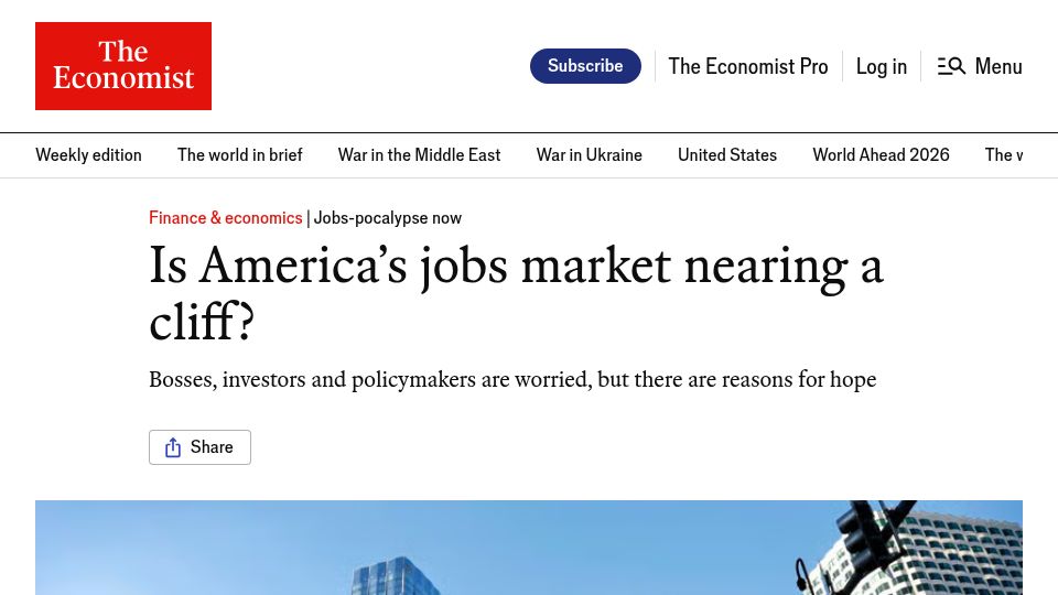 Screenshot of economist.com: Is America's jobs market nearing a cliff?