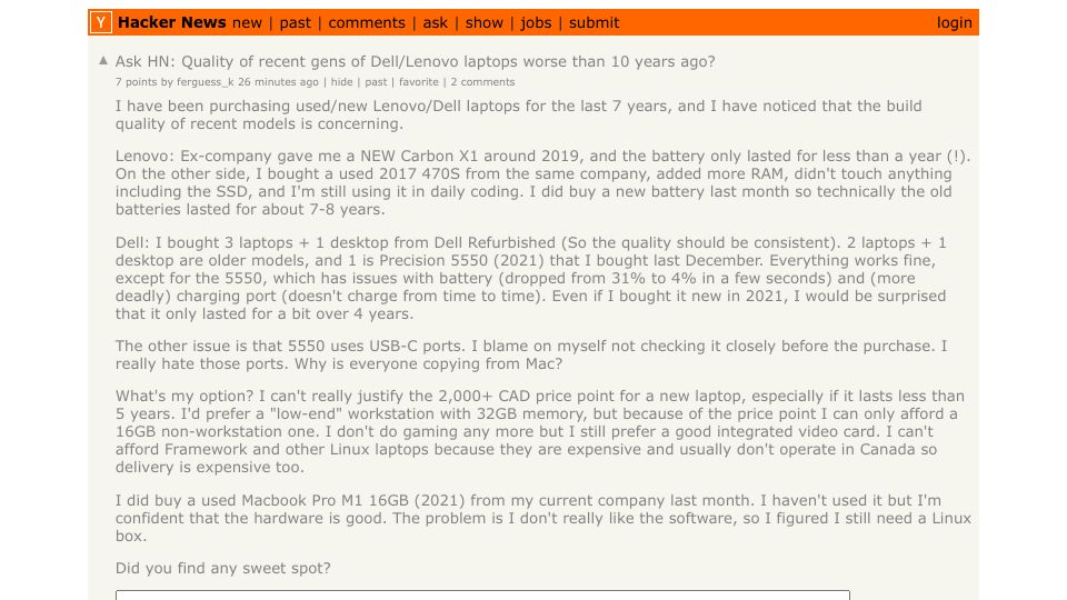 Screenshot of Hacker News post: Ask HN: Quality of recent gens of Dell/Lenovo laptops worse than 10 years ago?