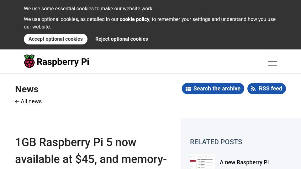 Screenshot of raspberrypi.com: 1GB Raspberry Pi 5, and memory-driven price rises