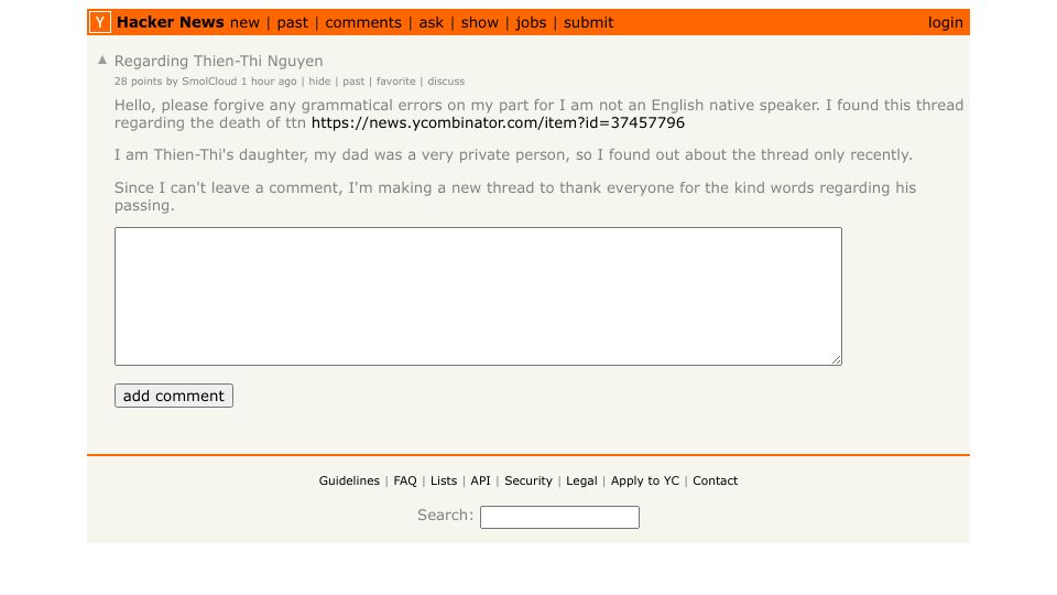 Screenshot of Hacker News post: Regarding Thien-Thi Nguyen