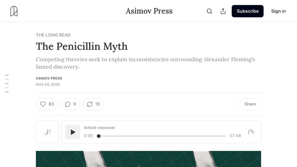 Screenshot of asimov.press: The Penicillin Myth